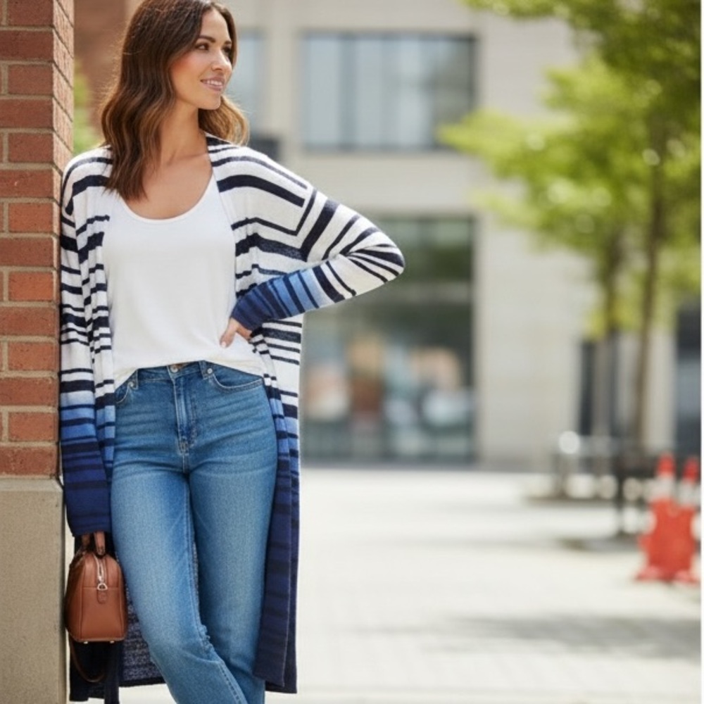 Chico’s Stripe Open Blue White Cardigan 2